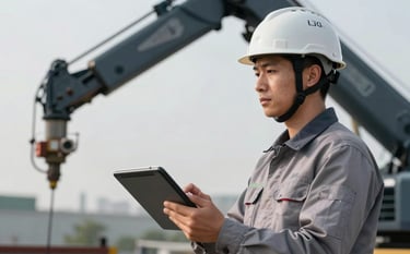 A professional portrait of a crane operator in a Steel Grey uniform and safety helmet, holding a digital tablet with charts. The background shows a blurry Deep Charcoal Navy crane arm, emphasizing the human expertise in the data-driven sector.