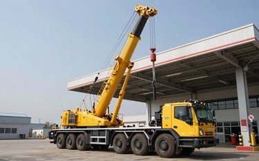 A professional wide-angle photograph of a large yellow mobile crane being refueled at a modern industrial station. The lighting is bright daylight, highlighting the Steel Grey metallic components of the crane against a clear sky. The scene conveys reliability and operational scale.