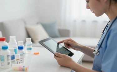 A caregiver in a North American / US home environment carefully organizing health supplies and checking a digital health tablet. The vibe is reliable and trustworthy, with misty white and soft powder blue colors. Clean, premium aesthetic.