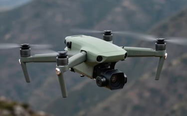 A close up of a high-end cinematic drone with a camera payload flying over a dramatic North American / US landscape. Clean, modern, cutting-edge technology mood. Sage green and dark slate grey tones.