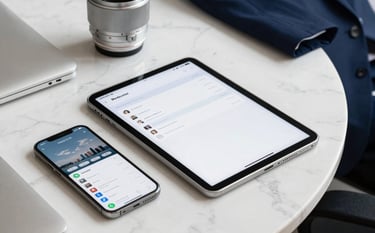 A close-up of a high-end digital tablet and smartphone on a white marble table in a North American / US corporate setting, showing clean professional interfaces, surrounded by silver office accessories and a hint of a navy blue business suit.