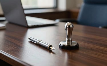 A luxury professional office setting in North American / US, featuring a polished dark wood desk with a silver fountain pen and a pristine notary seal, soft natural morning light, navy blue and silver accents in the decor, high-end corporate atmosphere.