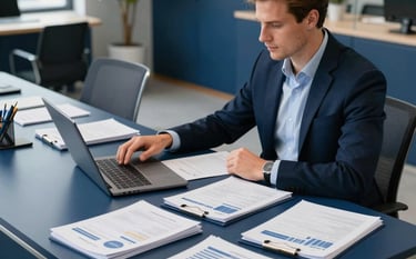 A modern corporate accounting workspace in a North American / US city, with a clean white desk, high-end laptop, neatly organized financial documents, and a backdrop of glass office walls, lighting is crisp and professional with navy blue tones.