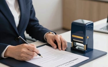A modern corporate accounting workspace in a North American / US city, with a clean white desk, high-end laptop, neatly organized financial documents, and a backdrop of glass office walls, lighting is crisp and professional with navy blue tones.