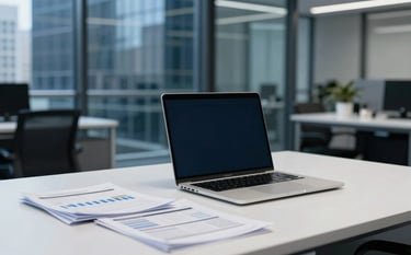 A modern corporate accounting workspace in a North American / US city, with a clean white desk, high-end laptop, neatly organized financial documents, and a backdrop of glass office walls, lighting is crisp and professional with navy blue tones.