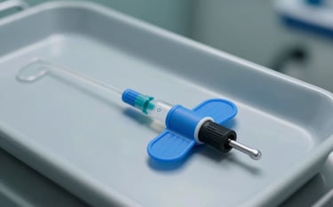 A close-up shot of a modern IV cannula with bright blue safety wings, presented on a sterile light gray surgical tray, professional lab lighting, sleek and clinical aesthetic, Global / International standard medical equipment.