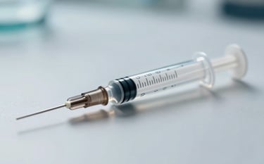 Macro photography of a high-precision medical syringe with a crystal-clear barrel and silver needle, resting on a clean light gray surface, soft bright blue lighting, clinical and professional atmosphere, Global / International medical setting.