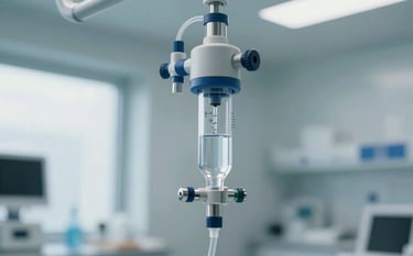 A sophisticated infusion set with a clear chamber and tubing, hanging in a clean, modern medical laboratory, bright natural light, professional blue and silver tones, Global / International healthcare aesthetic.