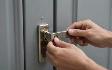 Macro photography of a carpenter's hand installing a high-security lock on a modern grey door in a Middle Eastern / Gulf villa. Soft lighting, sharp focus on the metallic details of the lock, professional and secure feeling.