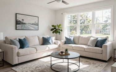 A crisp, wide-angle photograph of a modern North American Airbnb living room in Orlando. The space is immaculately clean with bright sunlight, off white linens, and slate blue decorative pillows, conveying professional turnover quality.