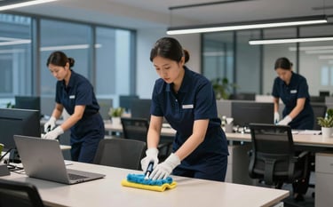 A professional cleaning crew in dark blue uniforms performing after-hours maintenance in a modern North American office. The scene is illuminated by cool LED lighting, showing streamlined efficiency and polished surfaces. Slate blue and off white tones dominate the high-end workspace.