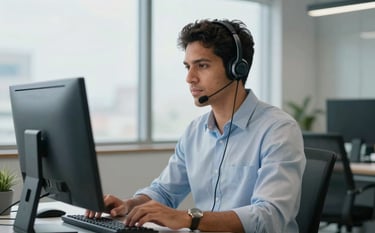 A professional South American person in a modern Brazilian office wearing a sleek headset, focused on a computer screen, soft daylight from a window, clean and efficient atmosphere, light blue and gray tones.