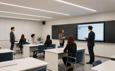 Interior of a modern, high-tech classroom with minimalist off-white furniture and dark navy accents. Professionals are gathered around a digital interface, representing collaborative business education and strategic learning.