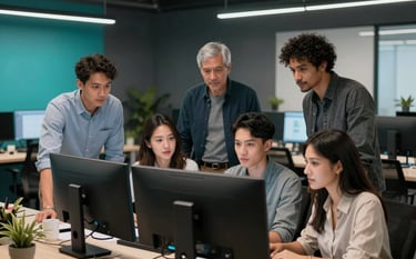 A group of diverse tech professionals collaborating in a sleek North American / US co-working space. They are gathered around a large monitor in a room with deep slate gray decor and bright teal lighting accents. Modern, cinematic style.