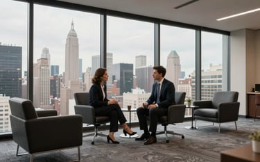 A professional business consultation in a high-rise North American / US office overlooking a city skyline. The interior features charcoal furniture and soft cloud gray carpets. Warm, focused professional lighting.