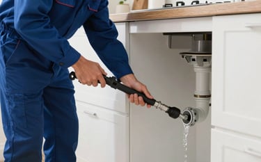 A professional plumber wearing a clean Deep Midnight Blue uniform, using a modern industrial snake tool to clear a drain pipe in a clean residential kitchen. Bright, natural lighting, highlighting a sense of efficiency and hygiene.