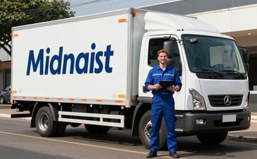 A clean, modern white service truck with Deep Midnight Blue branding parked on a bright street in Goiânia. A professional technician is standing next to it, smiling and holding a clipboard, symbolizing reliability.