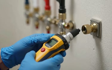 Close-up of a technician's hands in Ocean Slate Blue gloves using a high-tech ultrasonic leak detector on a wall. Professional plumbing tools are visible in the background, conveying modern technology and precision.