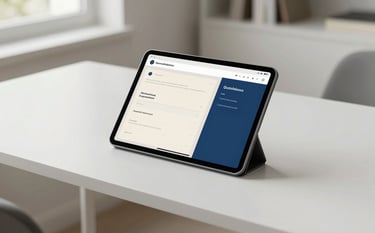 A high-end, modern North American / US home office with a minimalist desk. On the desk sits a tablet showing a clean, professional interface with soft off-white and deep blue accents. Bright, natural lighting from a nearby window creates an intelligent and fresh atmosphere.