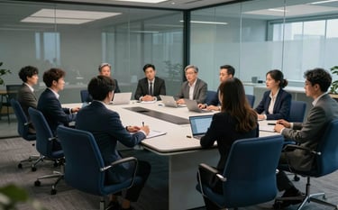 A group of professionals in a sleek, glass-walled conference room participating in an interactive training workshop. Modern tech environment, deep blue furniture, professional and motivational mood, global international setting, cinematic lighting.