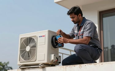 A South Asian technician on a residential balcony in Noida, expertly installing an outdoor AC compressor unit. Clear blue sky in the background, professional attire, and high-quality equipment highlighting a reliable and efficient service.