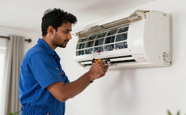 A South Asian professional HVAC technician in a steel blue uniform using tools to fix the internal components of a white split air conditioner unit. The setting is a modern Indian living room with bright, natural lighting and professional, clean atmosphere.