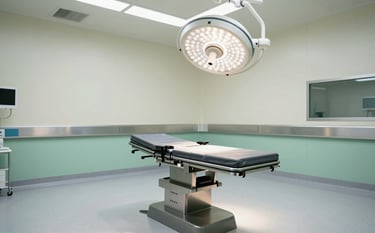 A wide-angle professional photograph of a modern surgical theatre in a leading South Asian / Indian hospital. The center features a high-end, silver-finished electric OT table. Overhead, a large shadowless LED surgical light is mounted. The room is impeccably clean with subtle moss green and creamy white wall accents, conveying a sophisticated medical atmosphere.