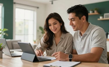 A focused Mexican / Latin American couple in their 30s sitting in a sunlit, modern home office, reviewing finances on a tablet with a sense of optimism. Soft natural light, clean interior with off-white and deep green accents.