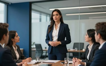 A professional Mexican / Latin American woman in an elegant corporate setting, leading a meeting with confidence. Modern office with glass walls, deep blue accents, and a clean, high-end aesthetic.