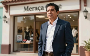 A Mexican / Latin American entrepreneur standing proudly in front of his small boutique or store. He is dressed in business casual attire, looking approachable and successful. Bright, clear daylight, elegant architectural background.