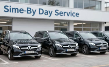 A fleet of pristine black Mercedes vehicles ready for delivery, symbolizing the same-day replacement service. The setting is a bright, modern facility in London. The brand mood of reliability is reflected in the clean lighting and #EDF3F1 highlights.