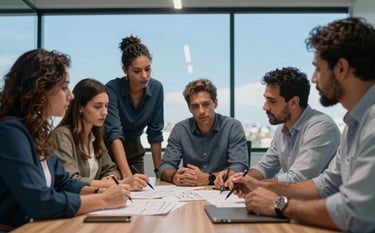 A group of professionals collaborating in a modern South American / Brazilian cooperative office. They are discussing project logistics around a table with a professional steel blue and bright sky blue color scheme. The atmosphere is professional and collaborative.
