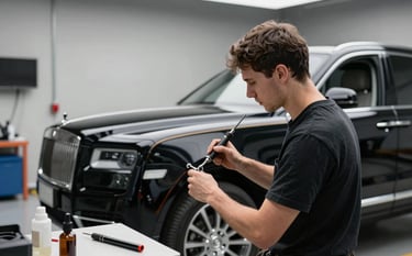 A technician in a modern North American garage using specialized tools for paintless dent repair on a luxury black SUV. The workspace is organized, reflecting precision and excellence, with soft diffused lighting and a professional aesthetic.