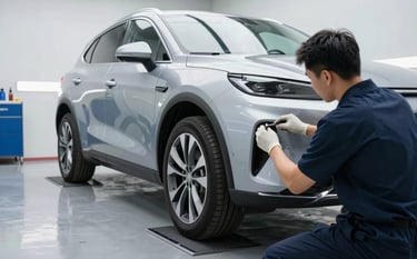 A clean, high-end North American auto body repair shop. A modern silver car is positioned in a bright workspace where a technician is performing precision panel alignment. The lighting is crisp and professional, highlighting a clean floor and tools in shades of dark navy and light grey-blue.