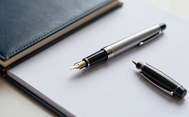 A close-up shot of a high-quality fountain pen resting on top of leather-bound legal documents and folders. The composition is elegant and minimalist, conveying reliability and solid financial stewardship. Subtle accents of #5D6D7E and #AAB7B8 appear in the professional setting.