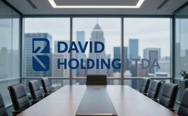 A sophisticated corporate boardroom with a large glass window overlooking a modern city skyline. The lighting is clean and professional. The scene incorporates deep blues (#2C3E50) and metallic silvers (#AAB7B8) to reflect the strategic and trustworthy mood of DAVID HOLDING LTDA.
