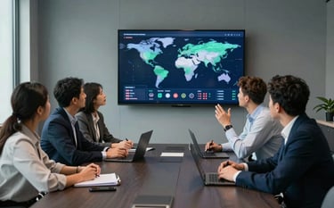 A photography shot of a collaborative team of diverse professionals in a high-tech International / Global meeting room, discussing strategy in front of a screen displaying global game metrics. Sophisticated dark slate navy and soft mist grey interior.