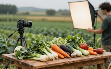A behind-the-scenes shot of a food photography session at a local farm. A rustic wooden table is piled with fresh, colorful vegetables. A professional camera is visible on a tripod, and a creator is adjusting a soft-box light. The atmosphere is artisanal and professional, featuring a palette of Crisp Parchment (#FDF5E6) and deep garden greens.