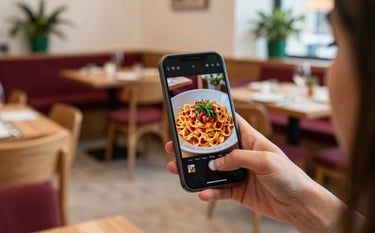A cozy, Scandinavian-style restaurant interior with warm wood and minimalist furniture. In the foreground, a professional social media manager's hand is holding a high-end smartphone, capturing a close-up of a vibrant artisanal pasta dish. The scene is bathed in soft, natural light, with subtle accents of Deep Ripe Crimson (#7F1D2C) in the textiles and Matte Forest Green (#2D543B) in the potted herbs.