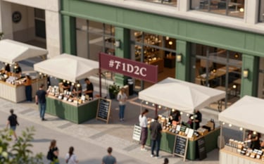 An aerial view of a bustling, modern artisanal food market. The stalls are clean and well-designed with chalkboard signs. Shoppers are seen engaging with vendors. The overall lighting is bright and inviting, highlighting a sophisticated mix of Deep Ripe Crimson (#7F1D2C) signage and Matte Forest Green (#2D543B) architectural elements.