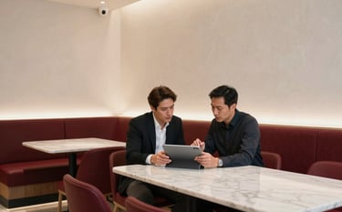 A wide-angle shot of a bright, modern restaurant interior. A restaurant owner and a digital strategist are sitting at a clean marble table, discussing a content strategy on a sleek tablet. Professional, down-to-earth atmosphere in a North American / Western European city. Soft natural light, high-contrast composition with Crisp Parchment walls and Deep Ripe Crimson seating.