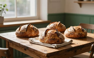 A cozy, Scandinavian-style bakery interior in a North American / Western European setting. Warm morning sunlight streaming through a window onto a rustic wooden table with fresh sourdough bread and linen napkins. Professional food photography style with soft shadows and rich textures of Crisp Parchment and Matte Forest Green accents.