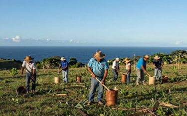 A group of South American / Colombian farmers in the Atlántico countryside working together with sustainable tools. The scene includes elements of soft steel blue in their attire and deep ocean blue in the distance. Clear morning sunlight, wide shot.