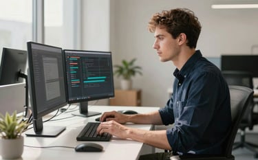 A focused software developer in a modern, sunlit North American office environment, working on a clean desk with a high-end Android workstation. The composition is a medium shot with a shallow depth of field, highlighting a professional and innovative atmosphere with off-white and dark navy tones.