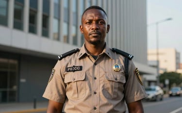 A Southern African security guard standing confidently in a modern urban environment, soft gold hour lighting, representing protection and peace of mind, sharp focus, professional photography.