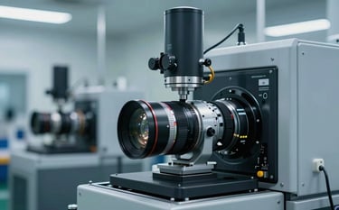 A close-up of high-tech manufacturing equipment in a clean, modern North American industrial facility, with soft light blue and grey tones and professional workshop atmosphere.
