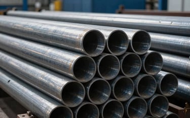 Close-up of a stack of organized, large-diameter steel pipes in a fabrication facility. The lighting is bright and industrial, reflecting Mist Grey tones on the metallic surfaces against a backdrop of Deep Charcoal Blue shadows.