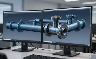 A high-precision 3D CAD model of a complex piping spool displayed on a dual-monitor setup in a professional engineering office. The screen shows lines in Muted Steel Blue and Deep Charcoal Blue. The environment is clean and modern with soft lighting.