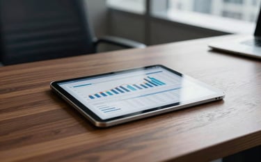 A sleek corporate environment in a US city. Focus on a tablet showing financial reports on a polished wooden desk. Professional lighting with deep navy and soft white tones. High-end, sophisticated setting.