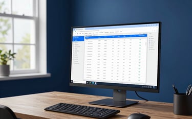 A sophisticated North American home office setting. A high-resolution monitor displays a clean data dashboard in a room with vibrant blue and deep navy accents. Professional and efficient atmosphere with natural light streaming through large windows.